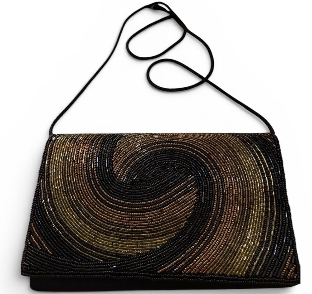 Vtg Carla Marchi Beaded Evening Bag Black Gold Swirl Crossbody Clutch Formal